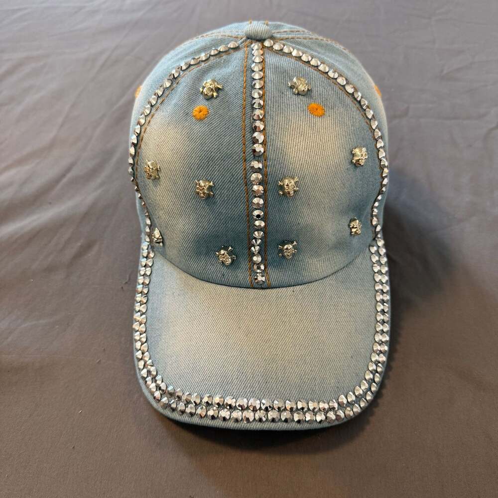 Bling Denim Skull Stud Rhinestone Baseball Cap Snapback Y2K Glam Hat